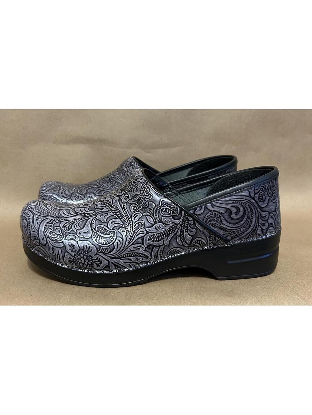 Dansko Professional Clogs Tooled Leather Floral Grey Black Womens 42 US 10.5/11